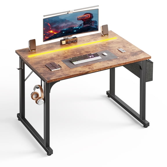 Romorgniz 32 Inch Computer Desk with LED Lights for Small Spaces, Home Office Desk with Storage Bag, Headphone Hook, Rustic Brown