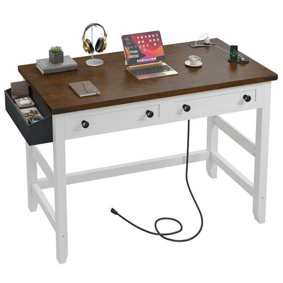 Romorgniz 32"Small Desk with USB Ports&Outlets,Farmhouse Desk with Drawers&Side Storage for Dorm, Bedroom, Vanity,Study Writing Table