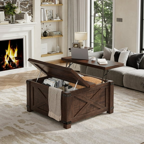 Romorgniz 35.7" W Square Lift Top Coffee Table Farmhouse Coffee Table with Large Hidden Storage Wooden Center Table for Living Room, Brown