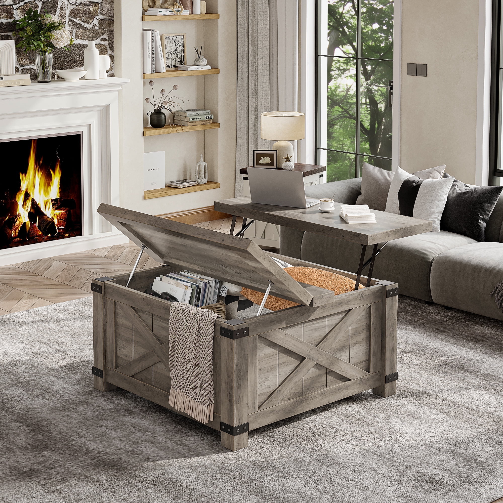 Romorgniz 35.7" W Square Lift Top Coffee Table Farmhouse Coffee Table with Large Hidden Storage Wooden Center Table for Living Room, Grey