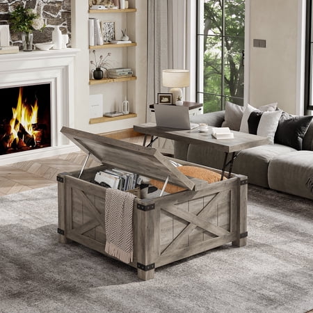 Romorgniz 35.7" W Square Lift Top Coffee Table Farmhouse Coffee Table with Large Hidden Storage Wooden Center Table for Living Room, Grey