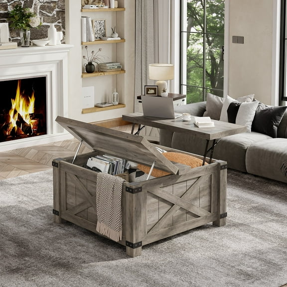 Romorgniz 35.7" W Square Lift Top Coffee Table Farmhouse Coffee Table with Large Hidden Storage Wooden Center Table for Living Room, Grey