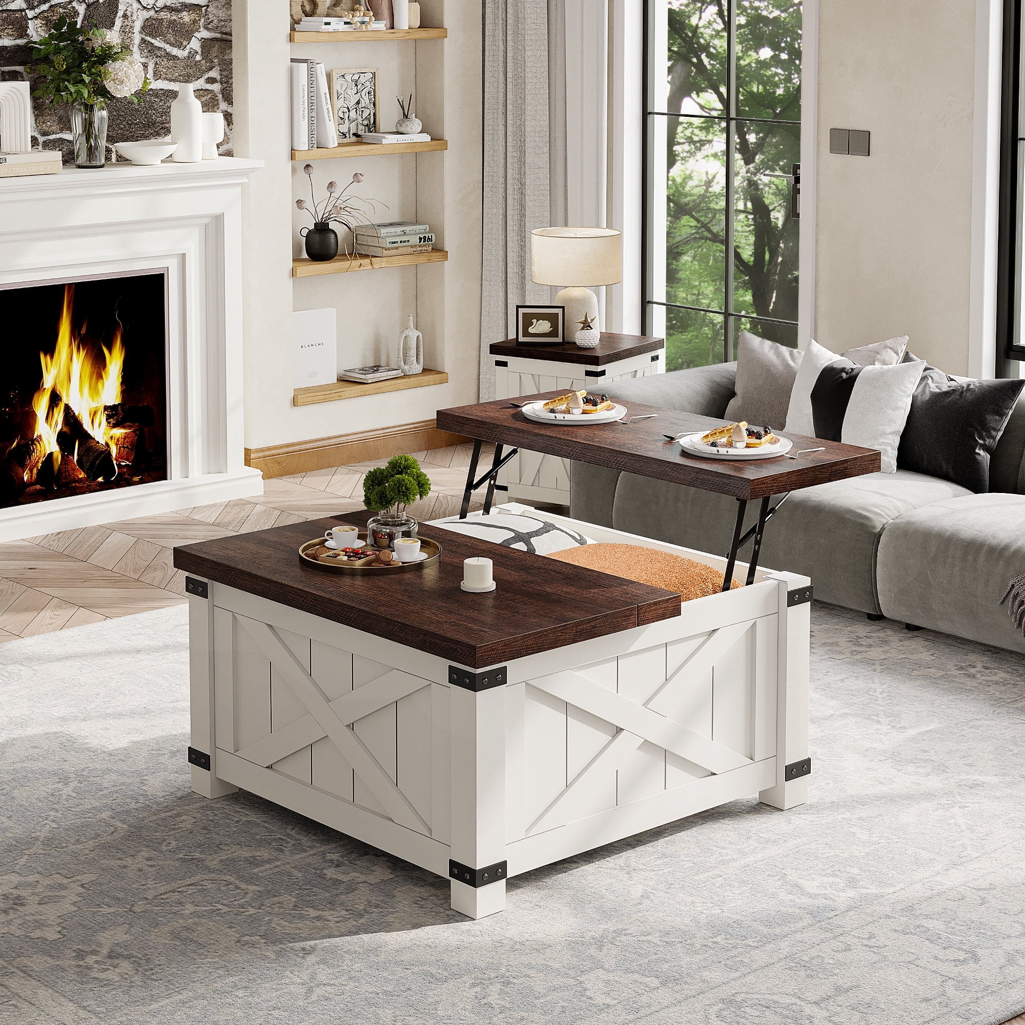 Romorgniz 35.7" W Square Lift Top Coffee Table Farmhouse Coffee Table with Large Hidden Storage Wooden Center Table for Living Room, White