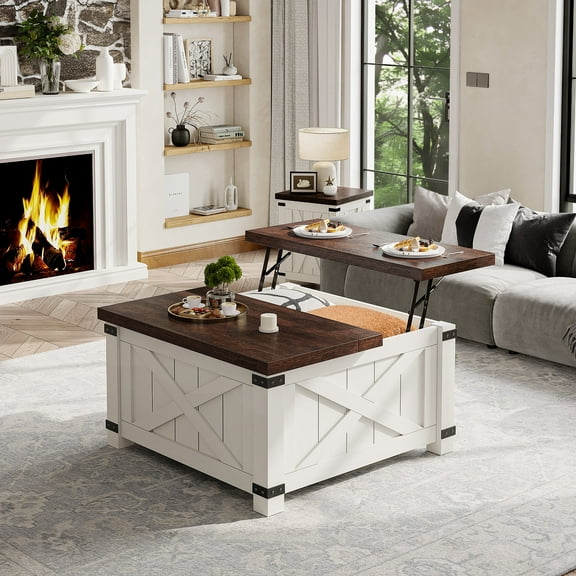 Romorgniz 35.7" W Square Lift Top Coffee Table Farmhouse Coffee Table with Large Hidden Storage Wooden Center Table for Living Room, White