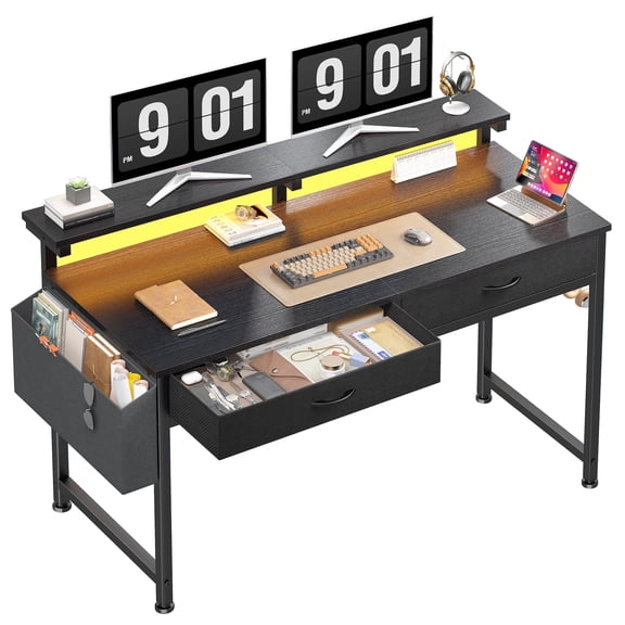 Romorgniz 37.8" H Computer Desk with LED Lights Small Desk with 2 Fabric Drawers & Side Pocket, Ergonomic Study Desk with Monitor Stand for Home Office, Gaming, Small Spaces, Black