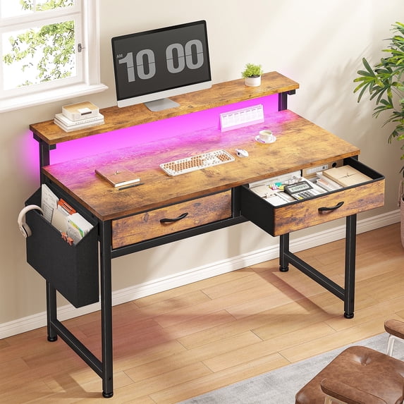 Romorgniz 37.8" H Computer Desk with LED Lights Small Desk with 2 Fabric Drawers & Side Pocket, Ergonomic Study Desk with Monitor Stand for Home Office, Gaming, Small Spaces, Rustic Brown