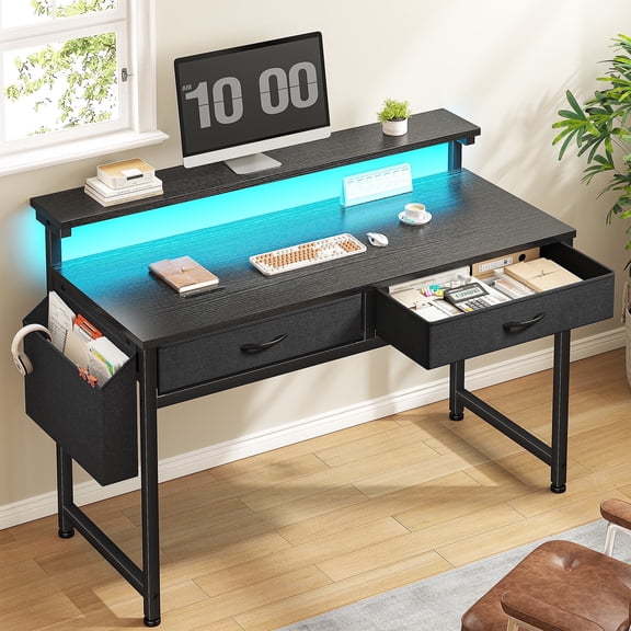 Romorgniz 37.8" H Computer Desk with LED Lights Small Desk with 2 Fabric Drawers & Side Pocket, Ergonomic Study Desk with Monitor Stand for Home Office, Gaming, Small Spaces, Black