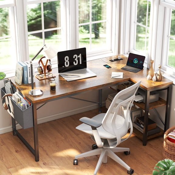 Romorgniz 39.4" W L-shaped with Power Outlets, Computer Desk with Storage Shelves, Office Desk for Bedroom, Rustic Brown