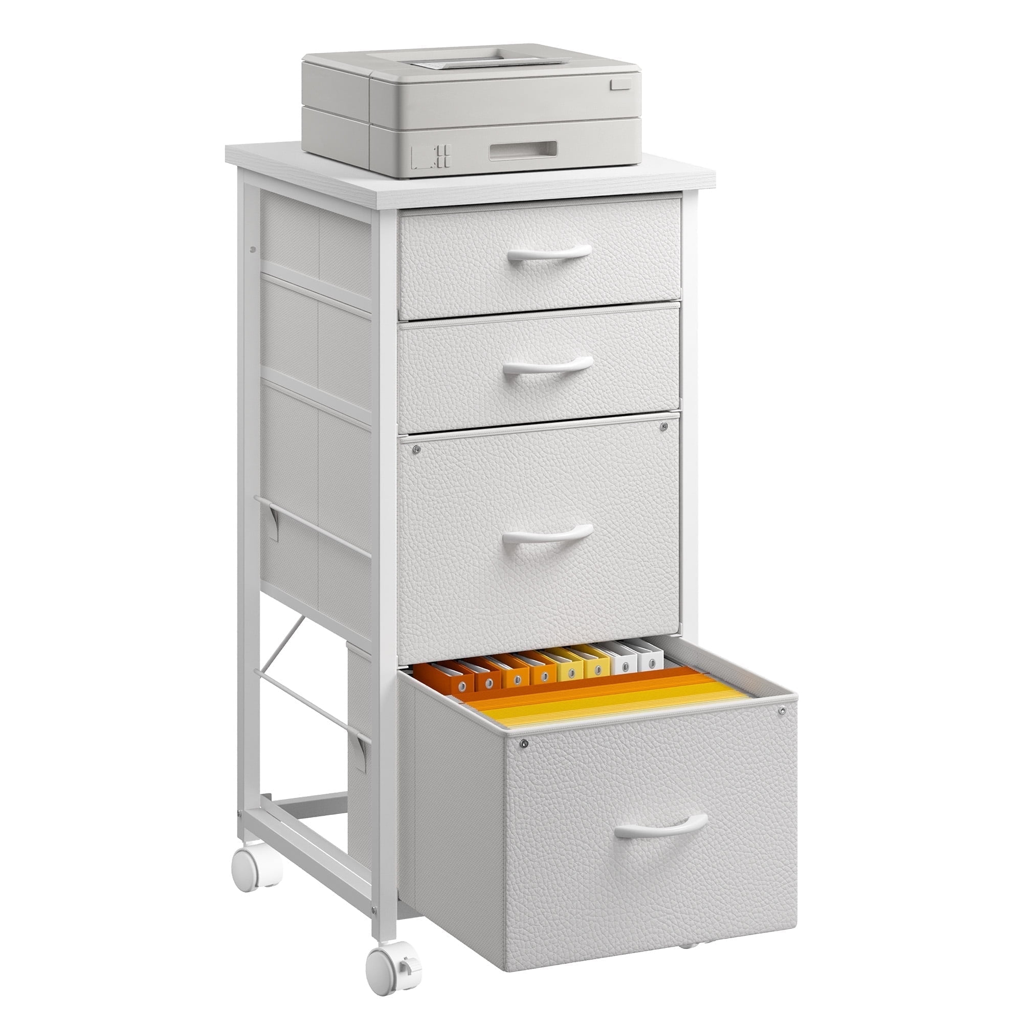 Romorgniz 4 Fabric Drawers Mobile File Cabinet Desk Table Cabinet Fits A4/Letter Size Printer Stand for Home Office，White