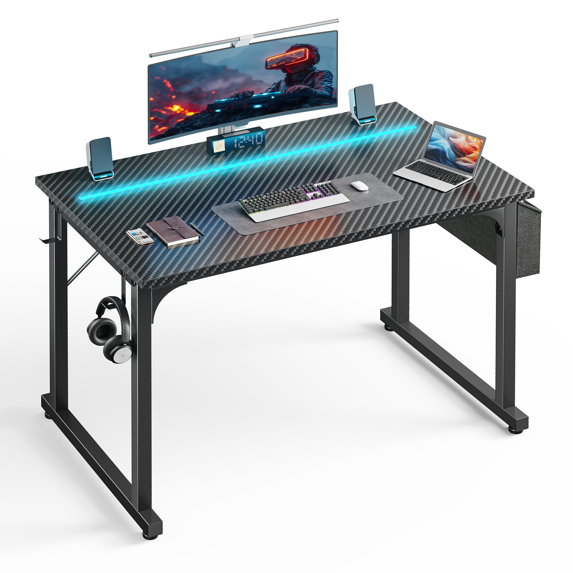 Romorgniz 39.4 inch LED RGB Gaming Desk, Sturdy Large Computer Workstation with 2 Headphone Hooks & Side Storage Bag, Home Office Desk, Black