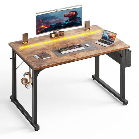 Romorgniz 40 Inch Computer Desk with LED Lights for Small Spaces, Home Office Desk with Storage Bag, Headphone Hook, Rustic Brown