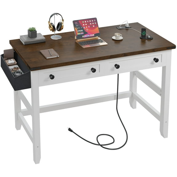Romorgniz 40"Small Desk Rustic Farmhouse Computer Desk with Drawers & Side Storage  Writing Table with Power Outlets&USB for Home Office,Bedroom,Vanity
