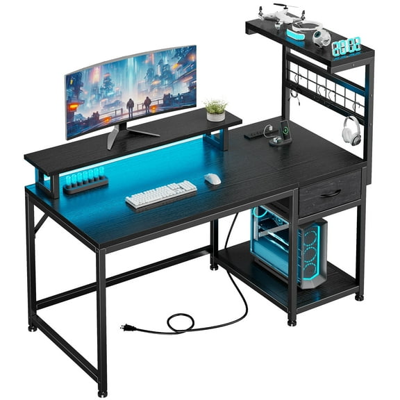 Romorgniz 40“W Computer Desk with Storage Shelf, Fabric Drawer, LED Lights & Power Outlets, Adjustable Desk with Monitor Stand for Home Office, Study & Gaming, Black