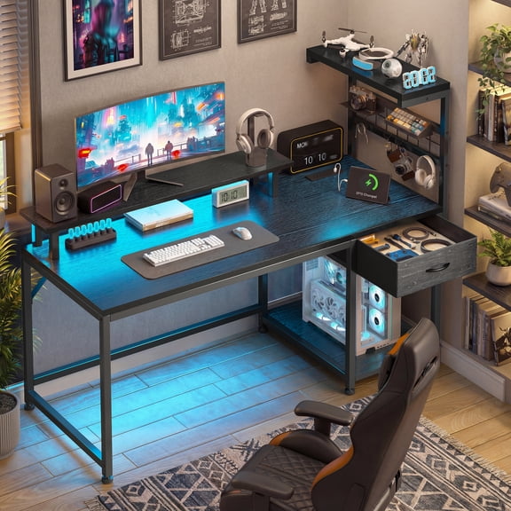 Romorgniz 40“W Computer Desk with Storage Shelf, Fabric Drawer, LED Lights & Power Outlets, Adjustable Desk with Monitor Stand for Home Office, Study & Gaming, Black