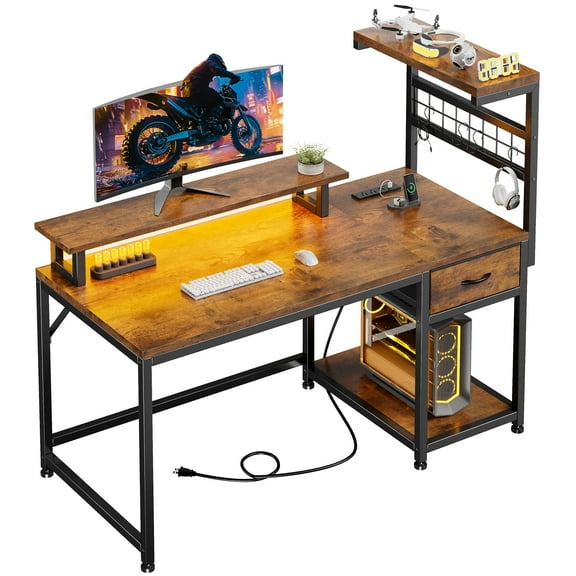 Romorgniz 40“W Computer Desk with Storage Shelf, Fabric Drawer, LED Lights & Power Outlets, Adjustable Desk with Monitor Stand for Home Office, Study & Gaming, Rustic Brown