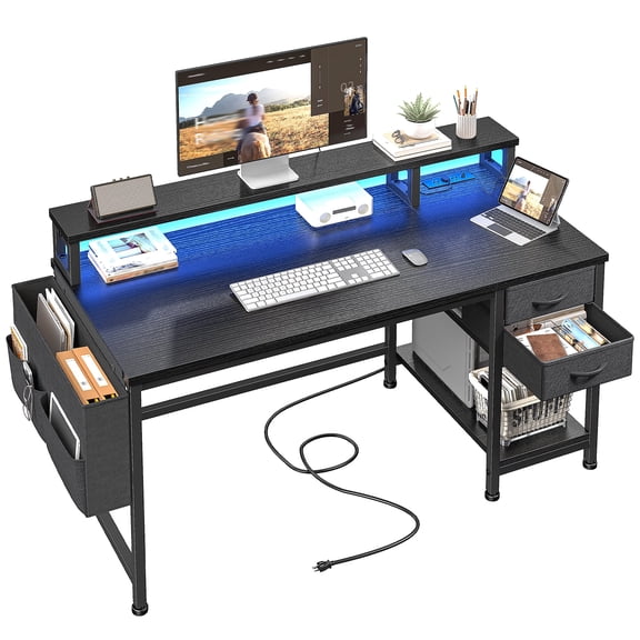 Romorgniz 40"W Computer Desk with Power Outlets and LED Lights, Office Desk with Drawers & Storage, Gaming Desk with Monitor Stand, Black
