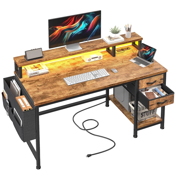 Romorgniz 40"W Office Desk with Power Outlets and LED Lights, Computer Desk with Drawers & Storage, Gaming Desk with Monitor Stand, Rustic Brown
