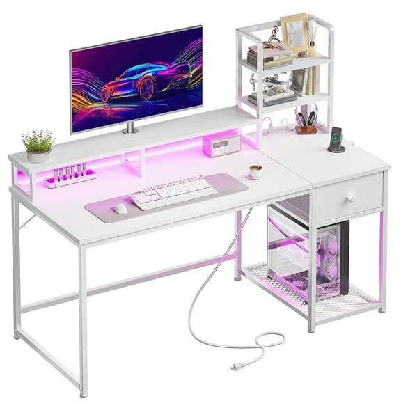 Romorgniz 44"W Computer Desk with Hutch, Gaming Desk with LED Lights & Power Outlets, Small Desk with Drawer and Monitor Stand, Studying Desk for Home Office, White
