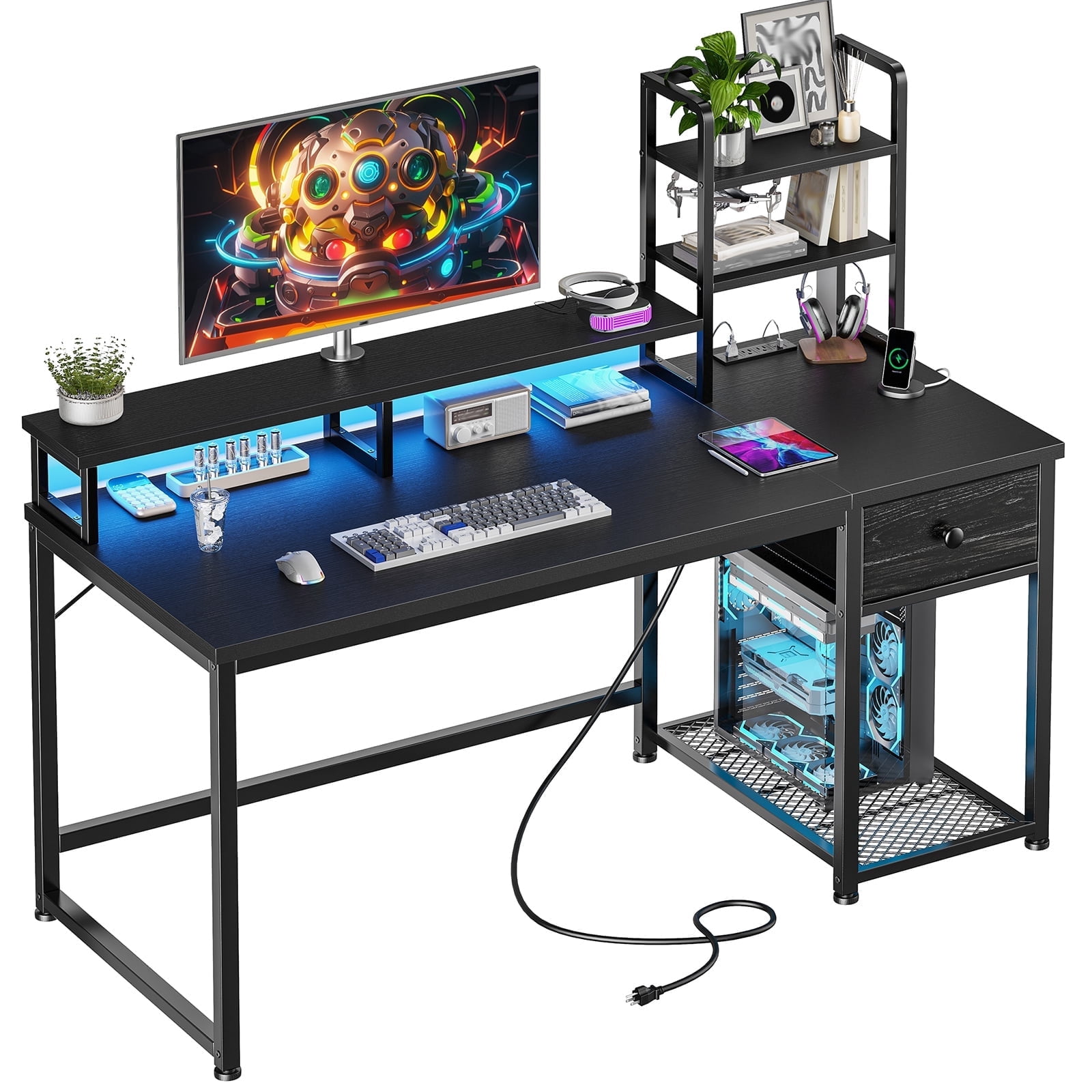 Romorgniz 44"W Computer Desk with Hutch, Gaming Desk with LED Lights & Power Outlets, Small Desk with Drawer and Monitor Stand, Writing Desk for Home Office, Black