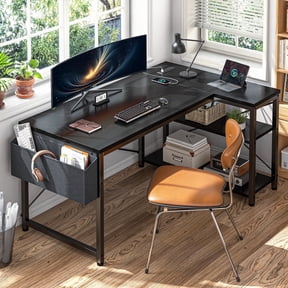Romorgniz 47.2" L-Shaped Computer Desk with Power Outlets, Storage Shelves & Side Bag, Small Space Home Office Workstation, Black