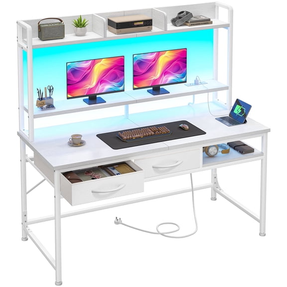 Romorgniz 47.2" W Gaming Desk with LED Lights & Power Outlets, Computer Desk with Drawers & Monitor Stand, Office Desk with Shelves, Desk with storage for Small Space, White