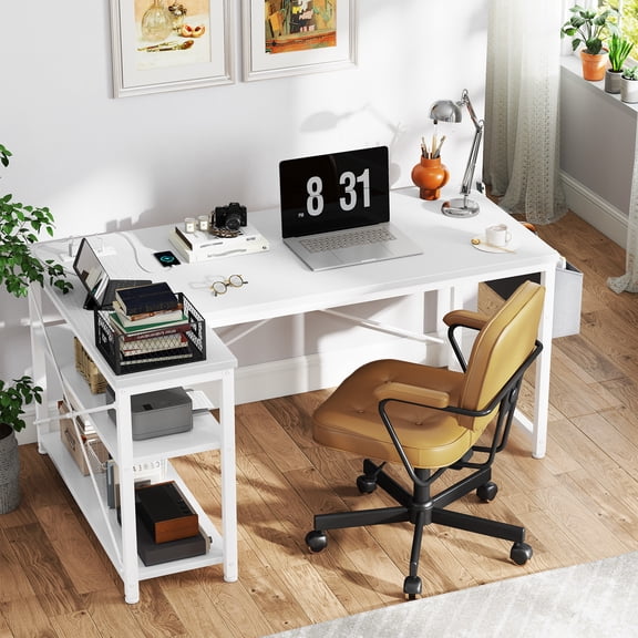 Romorgniz 47.2" W Office Desk with Storage Shelves, Computer Desk with Power Outlets, L-shaped Desk for Small Space, White