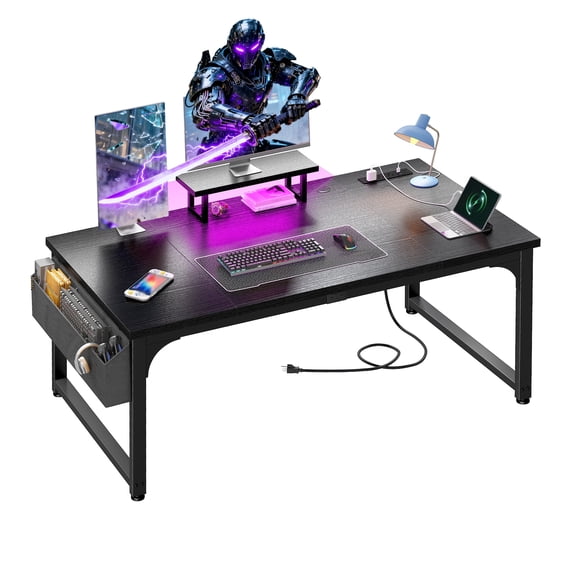 Romorgniz 47"W Computer Desk with Monitor Stand & 24mm Thicker Desktop Home Office Desk with Power Outlets, LED Lights, Headphone Hooks & Storage Pocket, Black