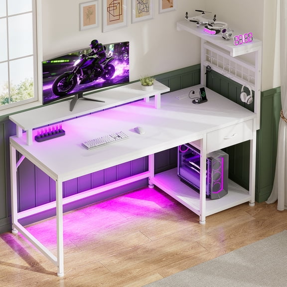 Romorgniz 48“W Computer Desk with Storage Shelf, Fabric Drawer, LED Lights & Power Outlets, Adjustable Desk with Monitor Stand for Home Office, Study & Gaming, White