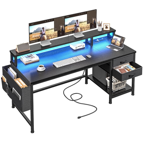 Romorgniz 48" Computer Desk with LED Lights, Drawers & Monitor Stand, Gaming Desk with Side Storage Bag and Power Outlets for Small Space, Black