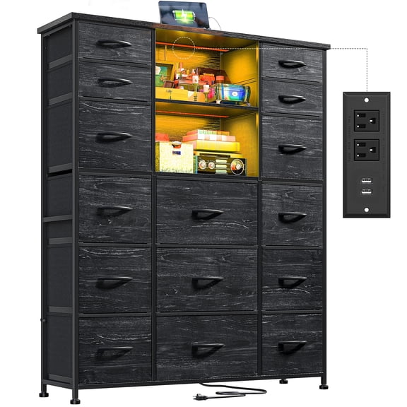 Romorgniz 51" H Dresser with 15 Fabric Drawers Tall Dresser for Bedroom with Charging Station & LED Lights, Black