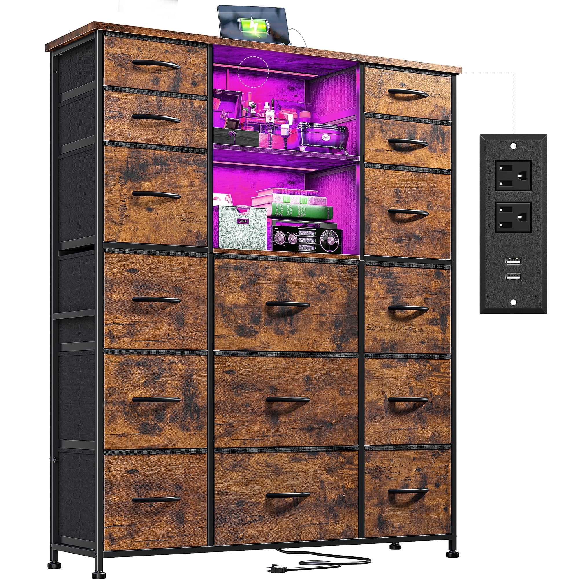 Romorgniz 51" H Dresser with 15 Fabric Drawers Tall Dresser for Bedroom with Charging Station & LED Lights, Rustic Brown