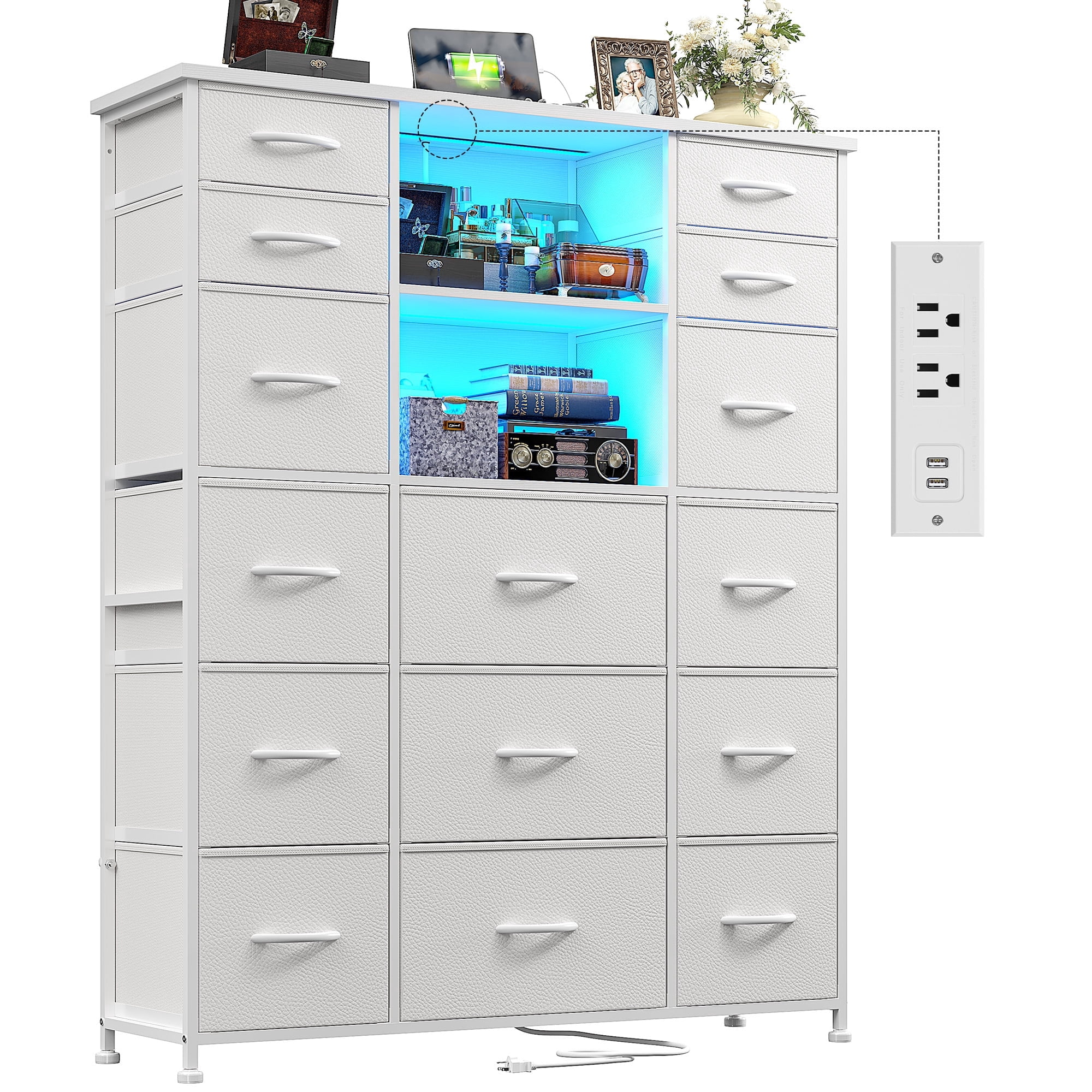 Romorgniz 51" H Dresser with 15 Fabric Drawers Tall Dresser for Bedroom with Charging Station & LED Lights, White