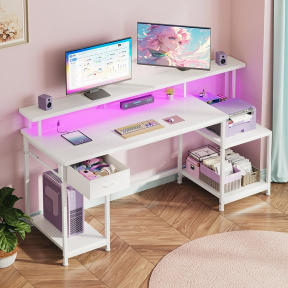 Romorgniz 55"W Computer Desk Home Office Desks withwith Drawers & Printer Shelf,Gaming Desk with Monitor Stand & LED Lights,Writing Desk with Power Outlets,White