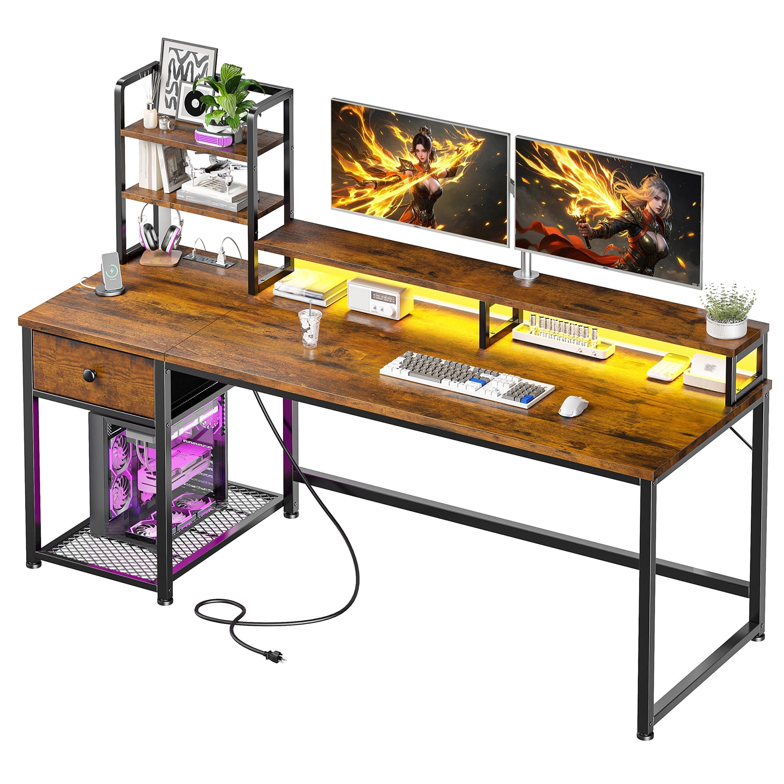 Romorgniz 55"W Computer Desk with Hutch, Gaming Desk with LED Lights & Power Outlets, Small Desk with Drawer and Monitor Stand, Writing Desk for Home Office, Rustic Brown