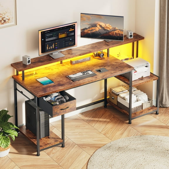 Romorgniz 55"W Computer Desk Office Desks with Printer Shelf,Reversible Desks with Monitor Stand,LED Lights & Power Outlets,Small Desk for Bedroom,Rustic Brown
