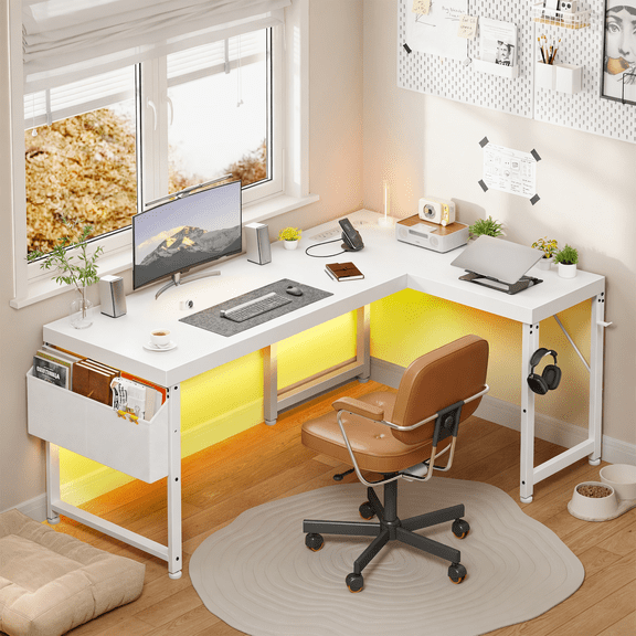 Romorgniz 55"W Computer Desk with Storage Gaming Desk with LED Lights L-Shaped Desk with Outlets for Bedroom, White