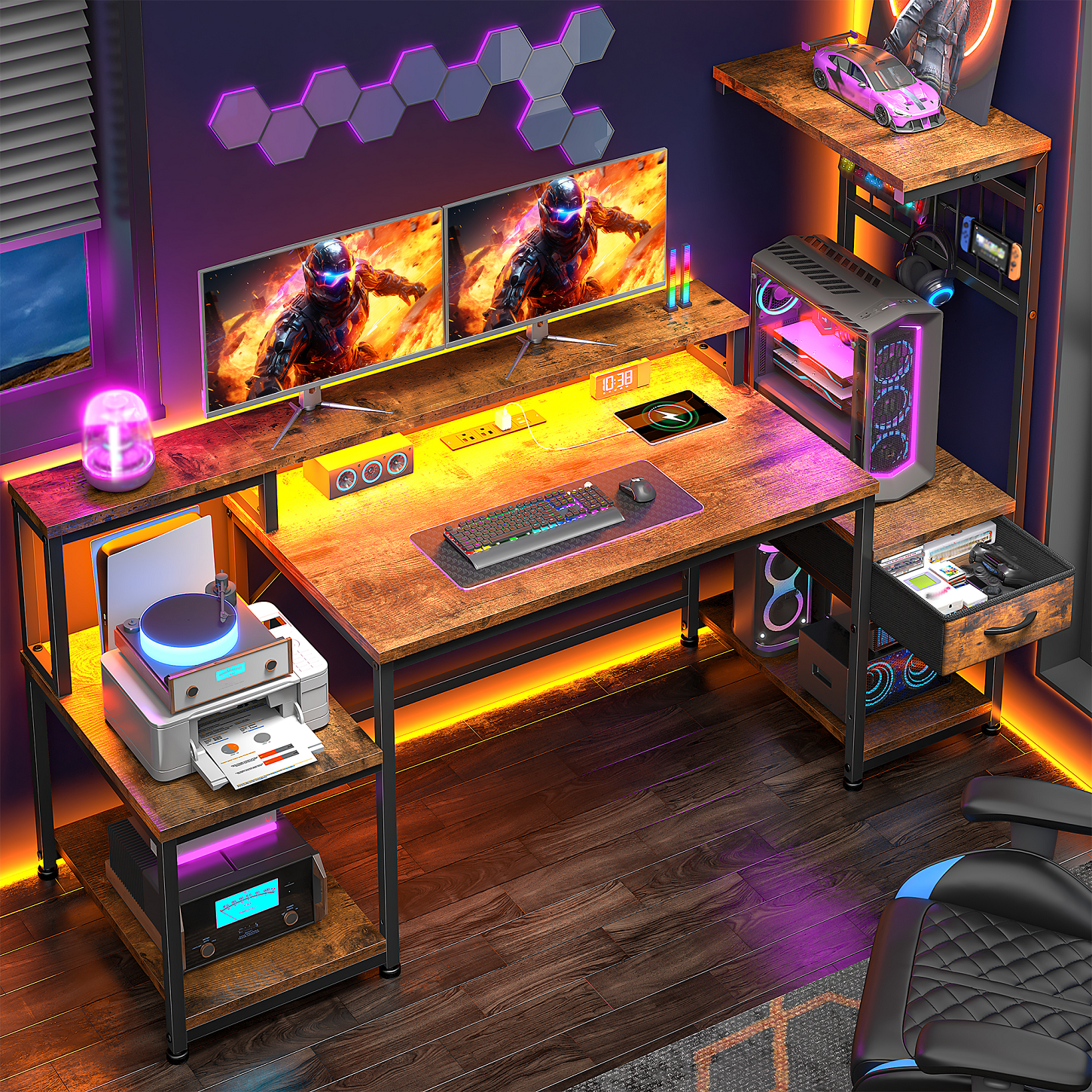 Romorgniz 55"W Gaming Desk Computer Desk with Hutch Corner Desk with LED Lights， Outlets & Monitor Stand for Gaming,Studying,Home Office Desks,Rustic Brown