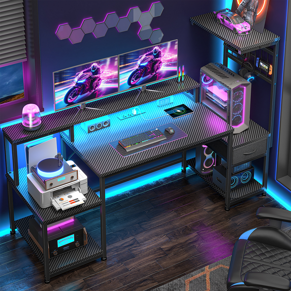 Romorgniz 55"W Gaming Desk Computer Desk with LED Lights & Outlets Corner Desk with Storage & Monitor Stand for Gaming,Studying,Home Office Desks,Black