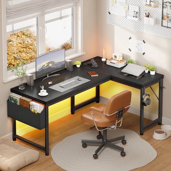 Romorgniz 55"W L-Shaped Desk with LED Lights, Computer Workstation with Storage, Reversible Gaming with Outlets, Black
