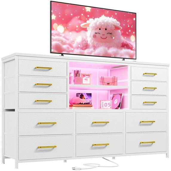 Romorgniz 55" White Dresser TV Stand with 12 Fabric Drawers,LED Lights & Charging Station,Media Console for Bedroom,Living Room