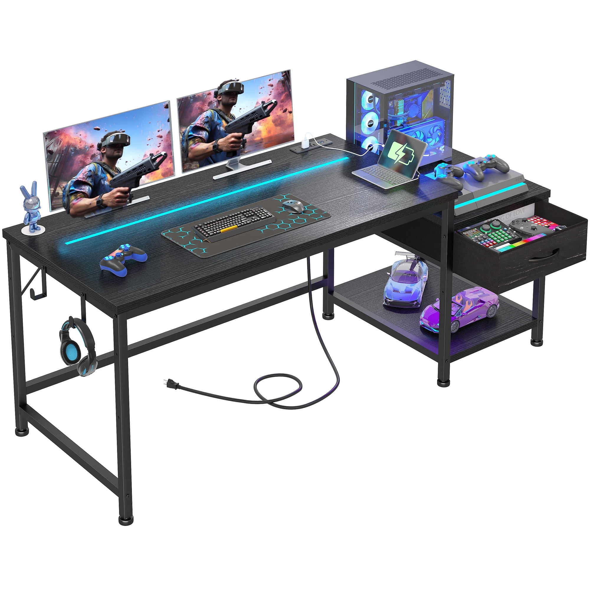 Romorgniz 56"W Gaming Desk with LED Lights & Power Outlets, Computer Desk with Fabric Drawer & Printer Shelf, Small Space Desk for Home Office, Dorm, Bedroom, Black