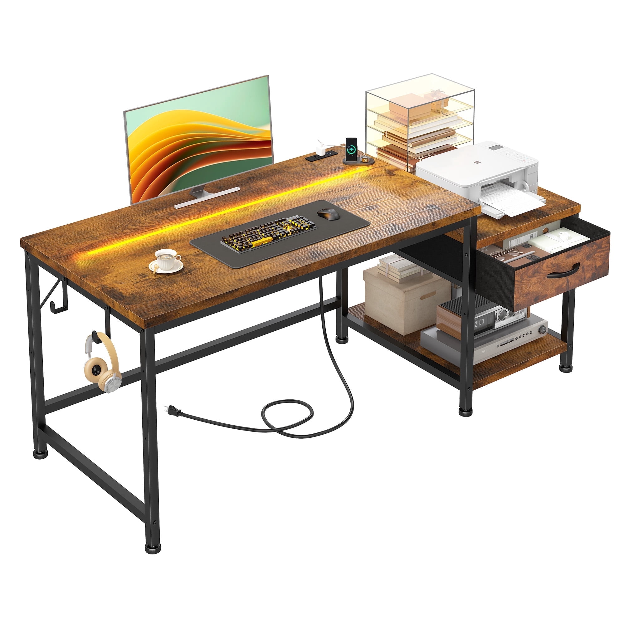 Romorgniz 56"W Gaming Desk with LED Lights & Power Outlets, Computer Desk with Fabric Drawer & Printer Shelf, Small Space Desk for Home Office, Dorm, Bedroom, Rustic Brown