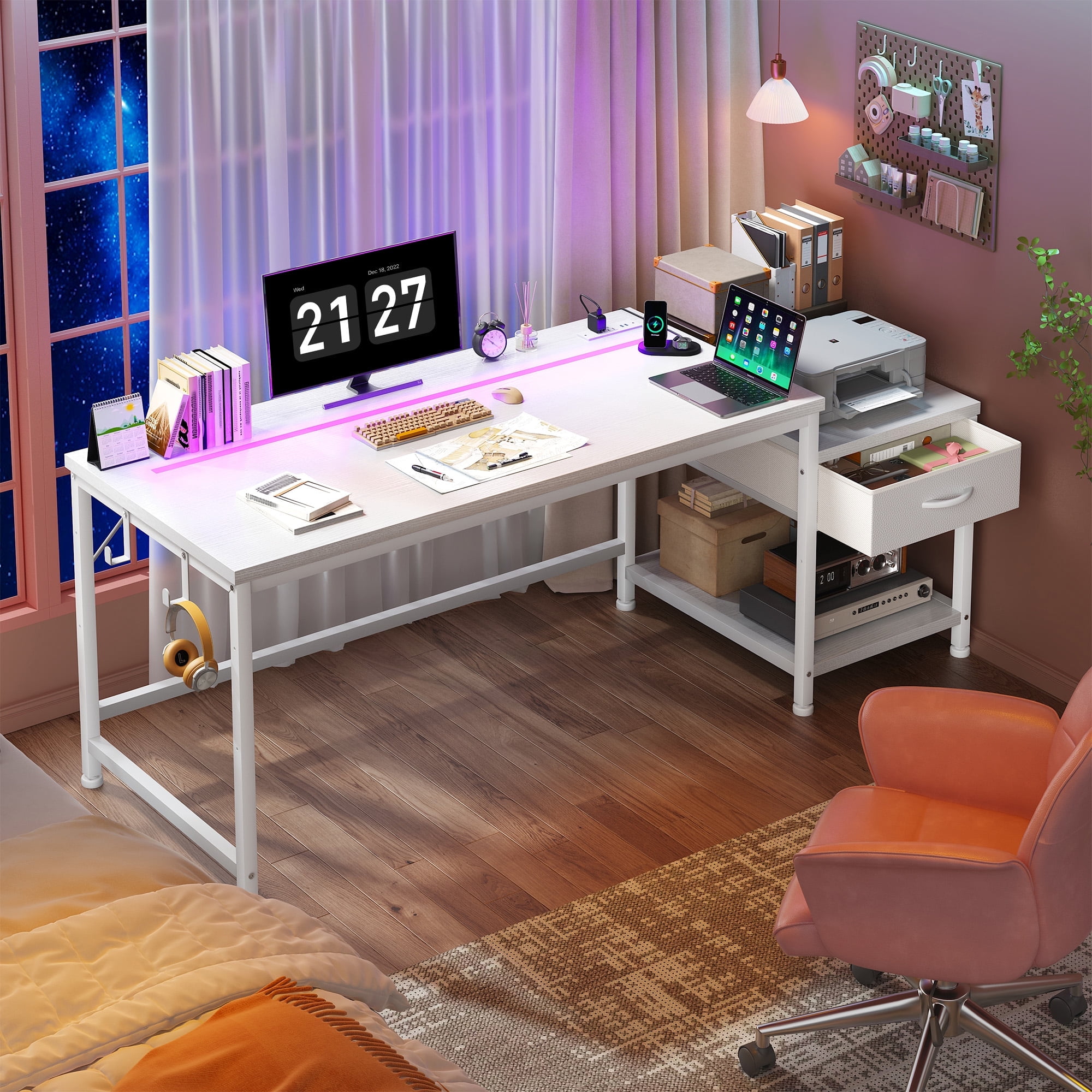 Romorgniz 56"W Gaming Desk with LED Lights & Power Outlets, Computer Desk with Fabric Drawer & Printer Shelf, Small Space Desk for Home Office, Dorm, Bedroom, White
