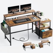 Romorgniz 57" Office Desk with Reversible Shelves and Drawer, Computer Desk with Monitor Stand and Side Pocket, Brown Writing Table with Power Outlets