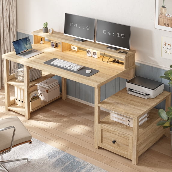Romorgniz 60" Office Desk Computer Desk with Drawers & 4 Open Storage Shelves Executive Desk with Power Outlets & LED Light Home Office Desk with Monitor Stand for Working Writing,Gray