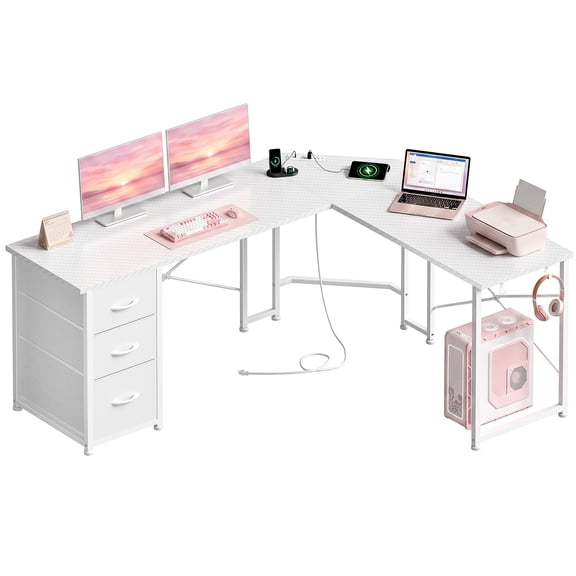 Romorgniz 62.21" L-Shaped Computer Desk with 3 Drawers & Power Strip, Corner Desk with Side Hooks for Home Office, White