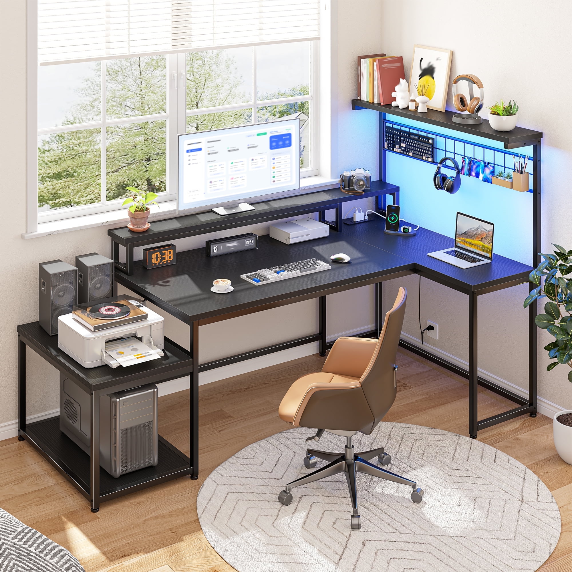 Romorgniz 63.5"W L Shaped Computer Desk with LED Lights & Power Outlets, Gaming Desk with Monitor Stand, Printer Stand & Storage Shelves for Home Office, Black