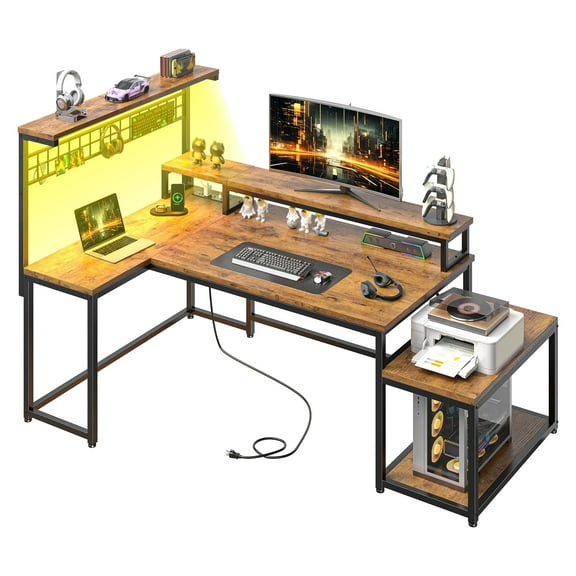 Romorgniz 63.5"W L Shaped Computer Desk with LED Lights & Power Outlets, Gaming Desk with Monitor Stand, Printer Stand & Storage Shelves for Home Office, Rustic Brown