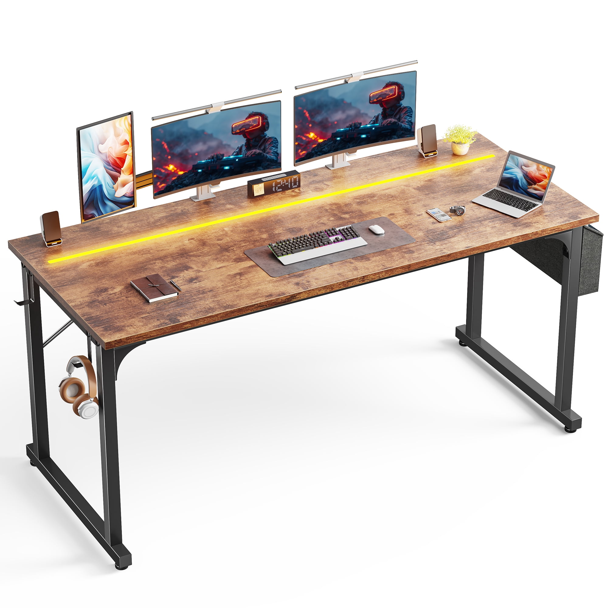 Romorgniz 63 Inch Computer Desk with LED Lights for Small Spaces, Home Office Desk with Storage Bag, Headphone Hook, Rustic Brown