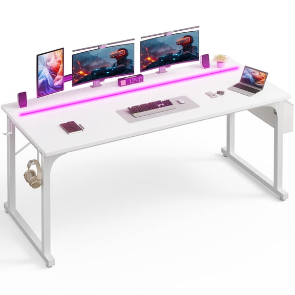 Romorgniz 63 Inch Computer Desk with LED Lights for Small Spaces, Home Office Desk with Storage Bag, Headphone Hook, White